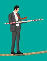 Businessman in suit walking on rope with balancer stick. Business man walking on tightrope gap. Obstacle on road, financial crisis. Risk management challenge. Vector illustration in flat style