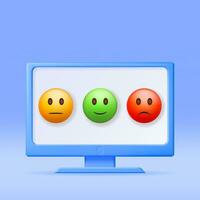 3D Customer Rating Smile Emoticons Checklist in Computer Isolated. Render Positive, Neutral and Negative Symbols. Testimonials Rating, Feedback, Survey, Quality, Review. Vector Illustration