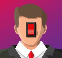 Businessman with power switch in head. Switcher turns on brain for good ideas. Selector for productivity, work, creativity and motivation. Turn off negative thinking. Flat vector illustration