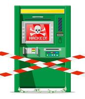 Hacked atm concept, skimming, stealling money from automated teller machine. Out of service or robbery, criminal hacks software in bank. Spyware malware. Computer security. Flat vector illustration
