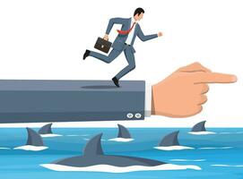 Businessman running on hand over shark in water. Business man in suit jump between gap. Obstacle on road, financial crisis. Team work, cooperation. Risk management challenge. Flat vector illustration