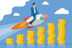 Successful business man flying on rocket on coin graph going up. Businessman on flying space ship. New business or startup. Idea, growing, success, start up strategy. Flat vector illustration
