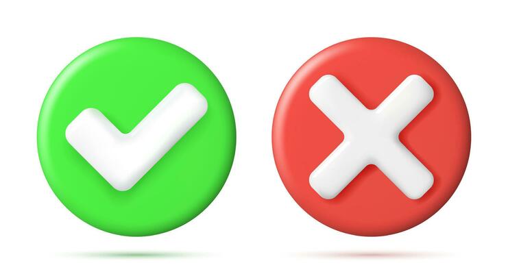 3D Right and Wrong Button in Round Shape. Green Yes and Red No Correct Incorrect Sign. Checkmark Tick Rejection, Cancel, Error, Stop, Negative, Agreement Approval or Trust Symbol. Vector Illustration