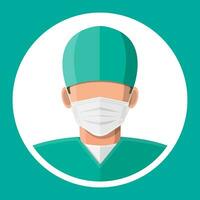 Surgery personal in uniform icon. Doctor surgeon in mask. Healthcare, hospital and medical diagnostics. Urgency and emergency services. Vector illustration in flat style