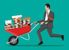 Stressed businessman and pile of office folders, documents in wheelbarrow. Overworked business man with stacks of papers. Stress at work. Bureaucracy, paperwork, big data. Flat vector illustration