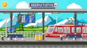 Modern Railway Station with High Speed Train and Platform with Schedule. Super Streamlined Train. Passenger Express Railway Locomotive. Railroad Public Transportation Subway. Flat Vector Illustration