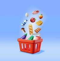 3D Shopping Plastic Basket with Fresh Products. Render Grocery Store, Supermarket. Food and Drinks. Milk, Vegetables, Meat Chicken, Cheese, Sausage, Salad, Bread Chocolate Egg. Vector illustration