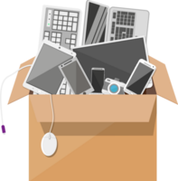 Various modern devices in cardboard box png