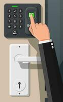 Password and fingerprint security device at office or home door. Access control machine or time the attendance. Proximity card reader. Vector illustration in flat style