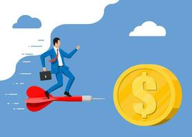 Businessman on aart arrow in dollar coin target. Goal setting. Smart goal. Business target concept. Achievement and success. Vector illustration in flat style