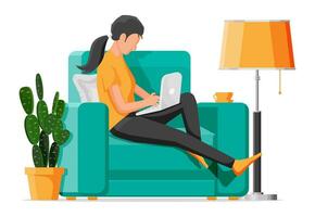 Freelancer girl in armchair works at home. Comfortable workplace interior with plant, floor lamp. Young woman in chair with laptop, cup of drink. Remote work online education. Flat vector illustration