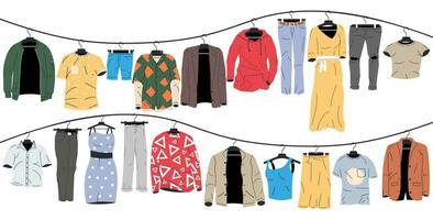 Mens and Womans Clothes on Hanger. Home or Shop Wardrobe. Clothes and Accessories. Various Hanging Clothing. Jacket, Shirt, Jeans, Pants. Cartoon Flat Vector Illustration