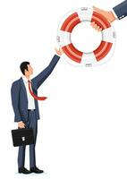 Desperate businessman getting lifebuoy. Helping business to survive. Help, support, survival, investment, obstacle crisis. Risk management. Flat vector illustration