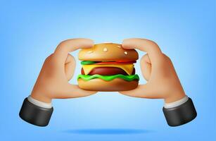 3D Tasty Burger in Hands Isolated. Render Burger Icon with Salted Cucumber, Salad, Tomato, Cheese, Sauce, Bun with Sesame Seeds and Beef Cutlet. Cheeseburger Fast Food. Realistic Vector Illustration.