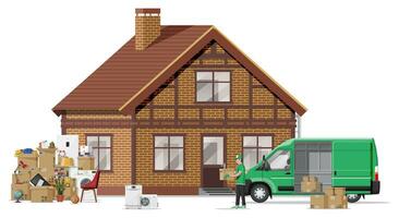 Moving to new house. Family relocated to new home. Male mover, paper cardboard boxes near house, delivery truck. Package for transportation. Household items and electronics. Flat vector illustration