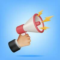 3D Megaphone in Hand Isolated. Render Plastic Megaphone Realistic. Modern Bullhorn or Loudspeaker. Announcement Message, Marketing, Job, Attention. Vector Illustration