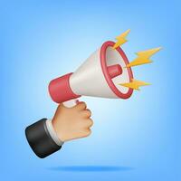 3D Megaphone in Hand Isolated. Render Plastic Megaphone Realistic. Modern Bullhorn or Loudspeaker. Announcement Message, Marketing, Job, Attention. Vector Illustration