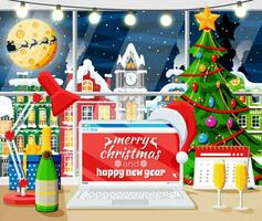 Christmas and New Year Office Desk Workspace Interior. Gift Box, Christmas Tree, Laptop, Lamp, Champagne, Cityscape. New Year Decoration. Merry Christmas Holiday Xmas Celebration. Vector illustration