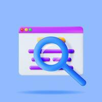 3D Browser Window and Magnifying Glass Isolated. Render Web Page GUI with Zoom Lens. Browser or Operating System Search. Web Page or Internet Searching Tools Concept. Vector Illustration