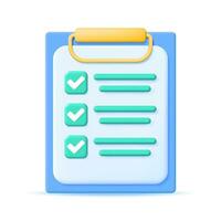 3D Paper Clipboard Holder with Checklist Symbol. Clipboard with Paper Sheet and Green Check Mark Icon. 3D Work Project Plan, Productivity Checklist. Task Management To Do List. Vector Illustration
