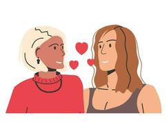 multiétnico lesbiana mujer Pareja aislado. joven homosexual Pareja abrazando participación manos. dos lgbt hembra personas abrazo y mirando cada otro. lgbt orgullo, género identidad. plano vector ilustración