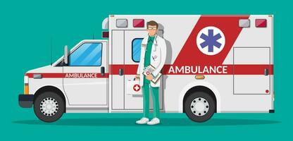 Ambulance staff concept. Doctor in white coat with stethoscope and case. Ambulance car, emergency vehicle. Healthcare, hospital and medical diagnostics. Urgency services. Flat vector illustration