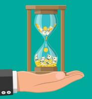 Money with hourglass clock in hand. Return on investment, gold coin increasing chart. Growth, income, savings, investment. Symbol of wealth. Business success. Flat style vector illustration.