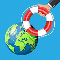 Planet earth getting lifebuoy ring. Save the world concept. Respect for nature and environment. Protecting globe. Cartography and geography, globe. Flat vector illustration