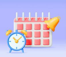 3D Calendar with Clock and Bell Alert Isolated. Render Calendar and Bell Icon. Schedule, Appointment, Organizer, Timesheet, Important Date. Reminder Notification Concept. Minimal Vector Illustration