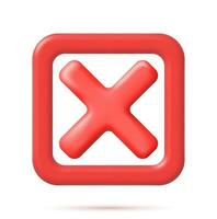 3D Wrong Button in Square Shape. Red No or Incorrect Sign Render. Red Checkmark Tick Represents Rejection. Wrong Choice Concept. Cancel, Error, Stop, Disapprove or Negative Symbol. Vector Illustration