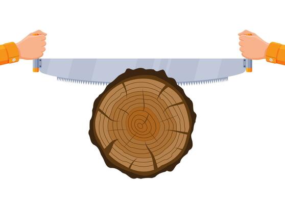 Saw Sawing Tree Trunk. Carpenter Sawing Wood. Wood Cut, Cross Section of Tree or Stump. Carpentry Work. Wooden Log and Hand Saw. Cartoon Flat Vector Illustration