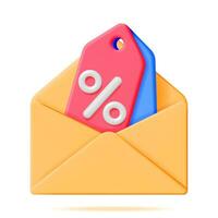 3D Coupon with Percent Symbol in Envelope Isolated on White. Render Color Discount Voucher or Coupon. Blank Ticket Shopping Paper. Promotional Offer. Bonus Purchase, Gift Concept. Vector Illustration