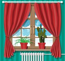 Winter window with red curtains, view from the room. Home plant on the sill. Warm cozy interior. Christmas landscape, hills, snow, spruce forest and falling snow. Cartoon flat vector illustration.
