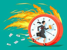 Big burning clock and businesswoman is fast running with waving necktie and briefcase. Business woman rushing hurry to get on time. Time is money. Flat vector illustration