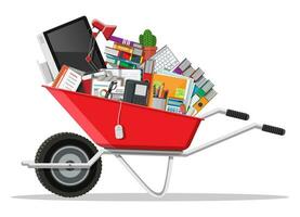 Moving to new office. Wheelbarrow with folder, document paper, contract, calculator, pen, eyeglasses book ring binder, computer phone. Keyboard, mouse cactus. Flat vector illustration