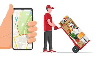 Mover with hand truck and package for transportation and smartphone. Moving to new house. Family relocated to new home. Paper cardboard boxes with various household thing. Flat vector illustration