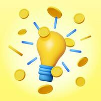 3D Light Bulb with Golden Coins Isolated. Render Yellow Idea Bulb Makes Money. Glass Lightbulb Symbol. Creative Idea Inspiration. Brainstorming Development. Business Startup. Vector Illustration