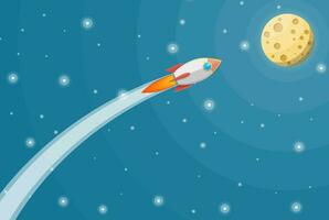 Cartoon rocket in the sky. Space ship take off. Business startup concept. Full moon in night sky with stars. Astronomy, science, nature. Space exploration. Vector illustration in flat style