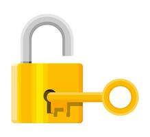 Metal padlock with key. Pad lock with keyring. Protection, security and defence. Vector illustration in flat style