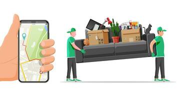 Delivery character man movers carry sofa and smartphone with map app. Porters carry couch isolated. Moving company with loaders and furniture. Delivery relocation service. Flat vector illustration