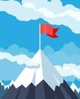 Flag on peak of mountain. Business success, target, triumph, goal or achievement. Winning of competition. Rocky mountains, sky with stars and clouds in night. Vector illustration in flat style.