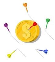 Dart arrow in coin target. Goal setting. Smart goal. Business target concept. Achievement and success. Vector illustration in flat style