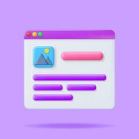 3D Browser Window with Web Page Isolated. Render Operating System User Interface, GUI. Computer Software. Documents Folder. Abstract Background with UI Panel. Realistic Vector Illustration