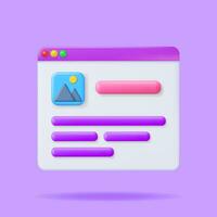 3D Browser Window with Web Page Isolated. Render Operating System User Interface, GUI. Computer Software. Documents Folder. Abstract Background with UI Panel. Realistic Vector Illustration