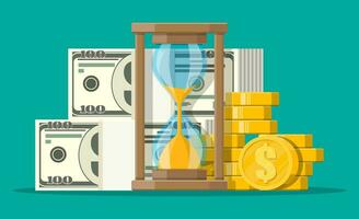 Money with hourglass clock. Return on investment, gold coin increasing chart. Growth, income, savings, investment. Symbol of wealth. Business success. Flat style vector illustration.