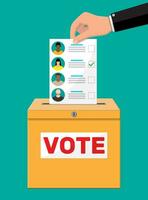 Ballot box and document with candidates. Hand with election bill. Vote paper with faces. Vector illustration in flat style