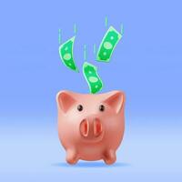 3D Piggy Bank with Dollars Isolated. Render Plastic Piggy Bank for Money. Moneybox in Form of Pig. Concept of Cash Money, Business Deposit Investment, Financial Savings. Vector Illustration