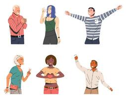 conjunto de felicidad emociones simbolos varios personas demostración positivo cuerpo idioma gestos mujer y hombre espectáculo victoria, reír, Okay y Si simbolos contento gente. dibujos animados plano vector ilustración