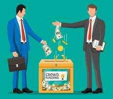 Business people near donation box and money. Funding project by raising monetary contributions from people. Crowdfunding concept, startup or new business model. Vector illustration in flat style