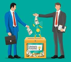 Business people near donation box and money. Funding project by raising monetary contributions from people. Crowdfunding concept, startup or new business model. Vector illustration in flat style